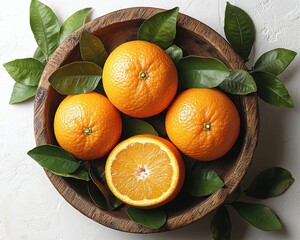 Fresh oranges in a wooden bowl