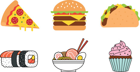 Global food icons, pizza, burger, taco, sushi, ramen, cupcake, international cuisine illustration set for menu design, culinary vector collection