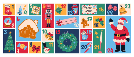 Naklejka premium Printable Advent calendar design. Countdown to Christmas with numbers. Cute festive template with Santa Claus, nutcracker, gifts, wreath, snowman, gingerbread, ornaments and tree.