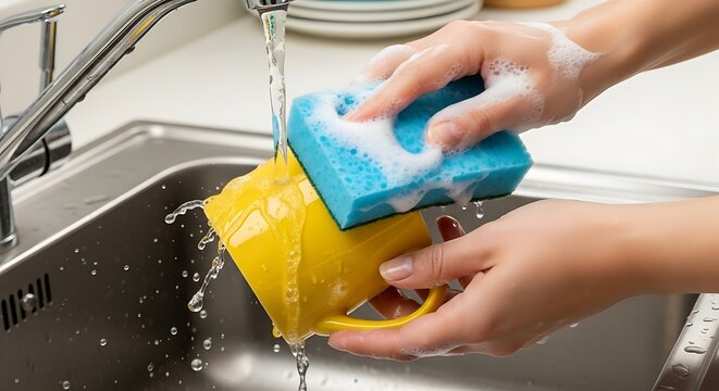 Woman washing yellow mug in kitchen sink. - Powered by Adobe