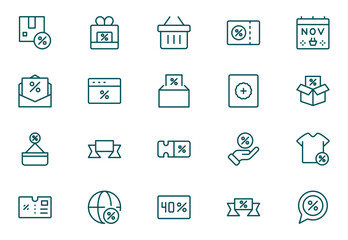 Black Friday Outline icon set. Shopping and e-commerce, cart, discount, gift, holidays sale, wallet, store. Thin outline icons pack. Vector illustration