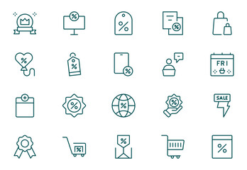 Black Friday Outline icon set. Shopping and e-commerce, cart, discount, gift, holidays sale, wallet, store. Thin outline icons pack. Vector illustration