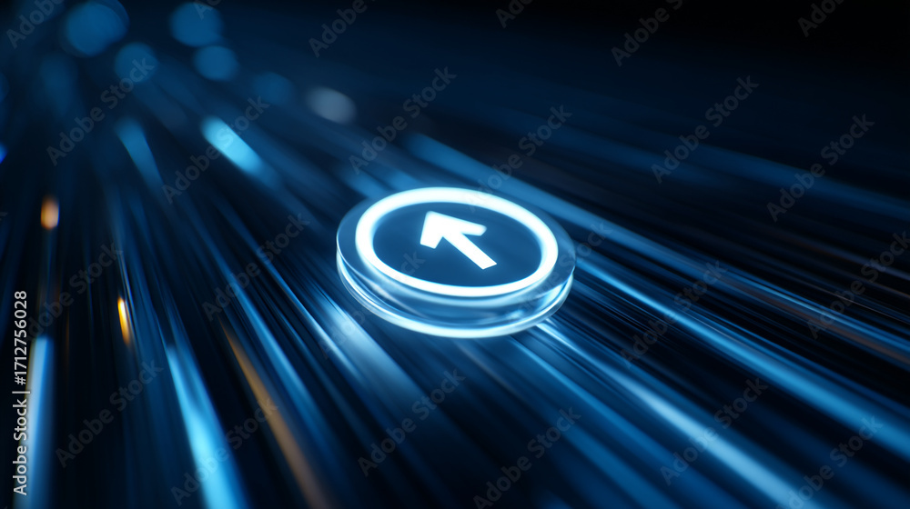 Poster close up of a glowing up arrow button on a futuristic blue surface design