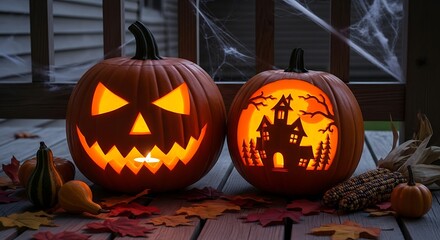 Fototapeta premium Two glowing carved pumpkins with spooky designs for Halloween night.