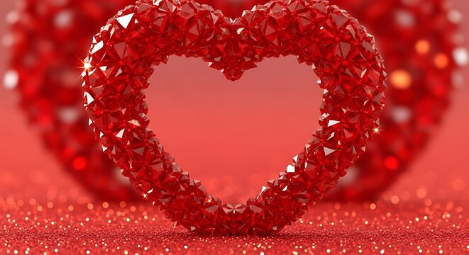 Sparkling red crystal heart standing on a glittery surface.