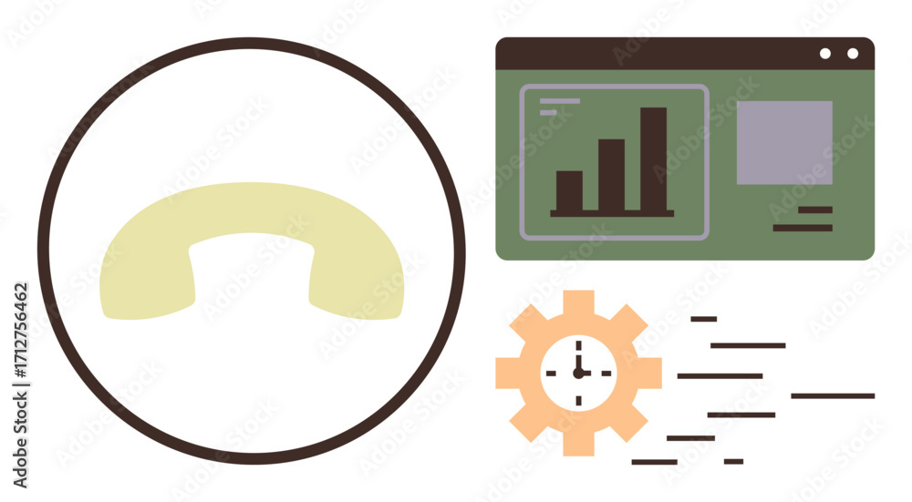 Fototapete circular phone receiver, analytics chart on a screen, clock set in a gear, and dynamic flow lines. i
