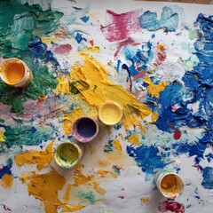 Vibrant Abstract Paint Splatters and Open Pots on White Canvas