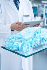 Auto engineer next to a holographic model of a car. Innovative technologies in the development of car design. A futuristic car design emerges as the engineer explores the hologram.
