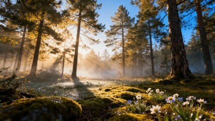 Fototapeta premium Golden sunlight streams through a misty forest, illuminating a ground covered in dew-kissed flowers and moss.