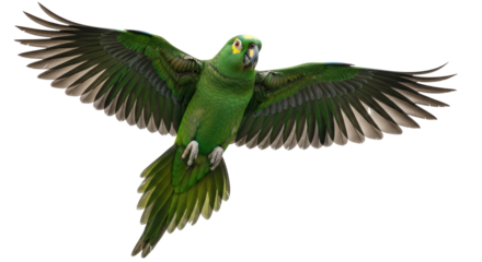 Isolated green parrot in flight showing its wings, bird has yellow head and eye coloring