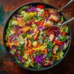 Vibrant Chicken Salad Bowl with Fresh Vegetables and Serving Utensils