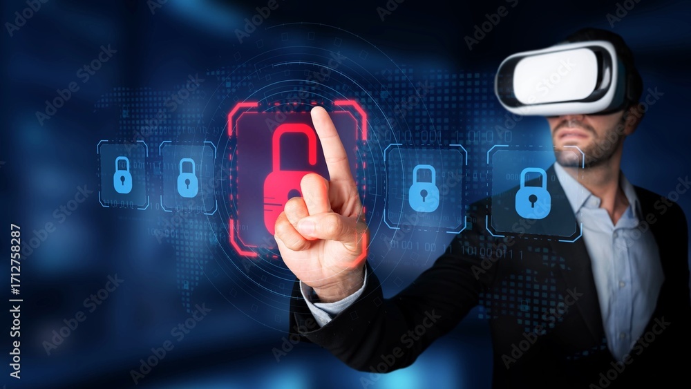 Poster a professional businessman engages with virtual reality technology, illustrating concepts of cyberse