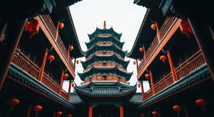 Ancient East Asian pagoda architecture building with red lanterns