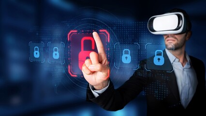 A professional businessman engages with virtual reality technology, illustrating concepts of...