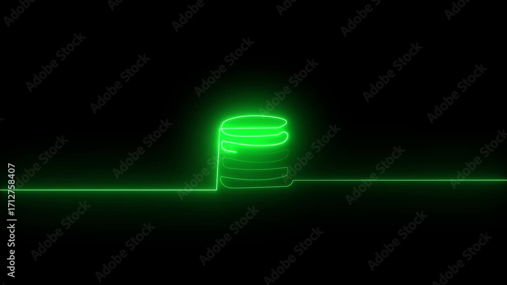 Poster abstract neon green glowing database icon on black background with horizontal line symbol storage