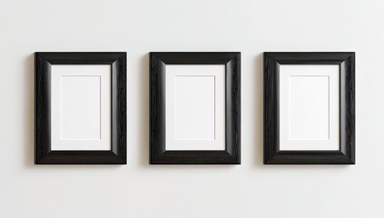 Three black picture frames on a light gray wall