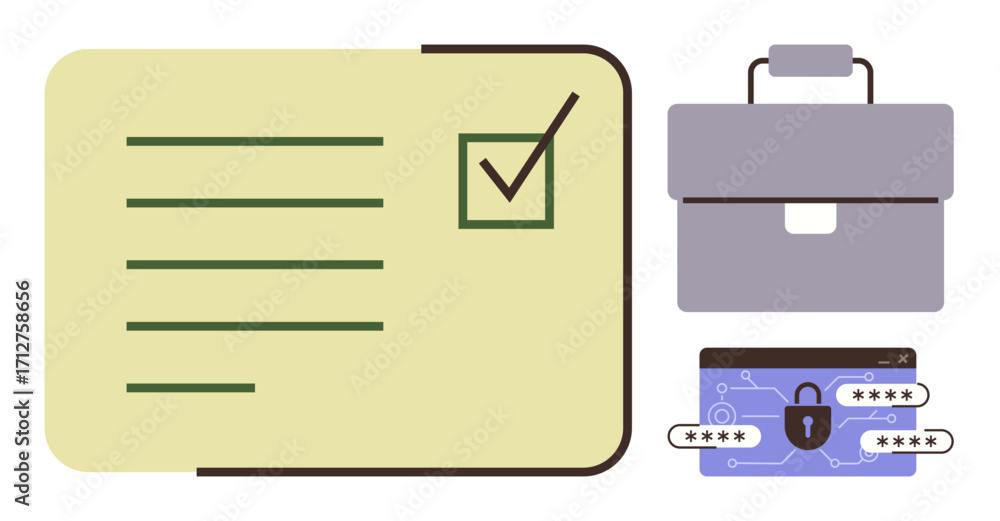 Poster checklist with tick mark, briefcase, and password-entry interface. ideal for organization, security,