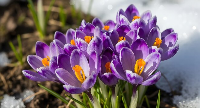Vibrant purple crocus flowers blooming in the early spring snow.