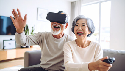 Elderly couple laughing while playing a virtual reality game together