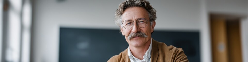 Mature caucasian male with glasses and mustache in classroom setting
