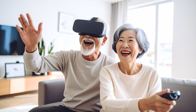 Elderly couple laughing while playing a virtual reality game together - Powered by Adobe
