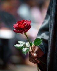 Vibrant Red Rose with Dewdrops Held Gently by a Hand