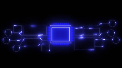 A glowing blue circuit board schematic on a black background technology computer
