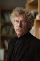 Elderly caucasian male with glasses and mustache in library setting