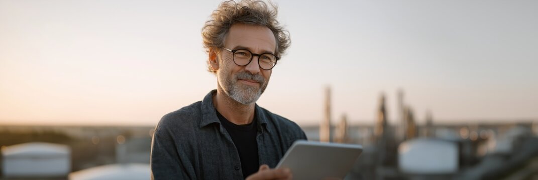 Mature caucasian male using tablet outdoors in urban setting
