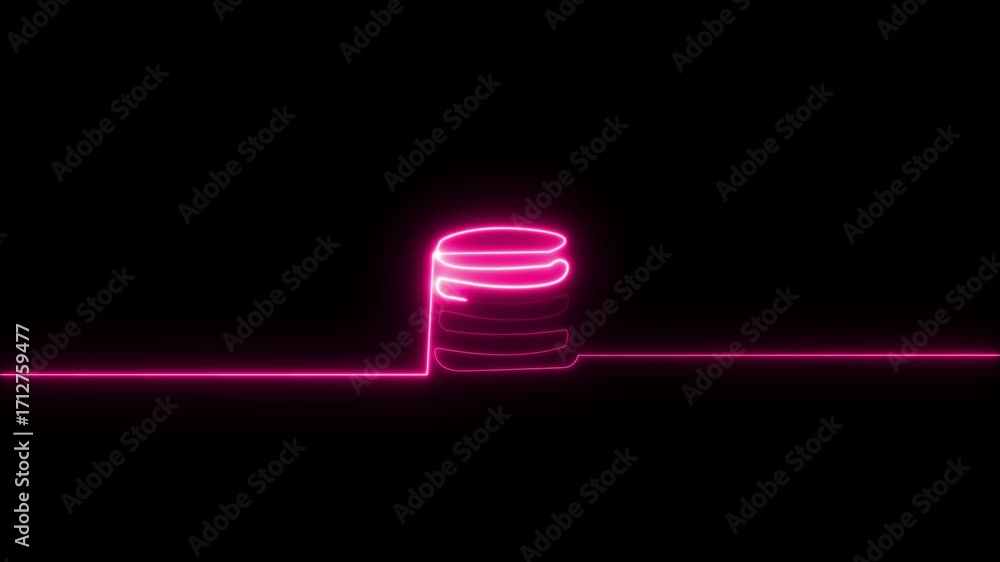 Poster abstract neon pink glowing database icon on black background with horizontal line symbol storage
