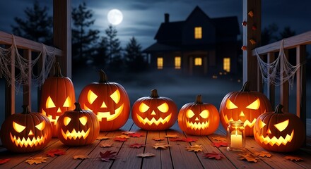 Spooky Halloween Jack OLanterns on Porch at Night.