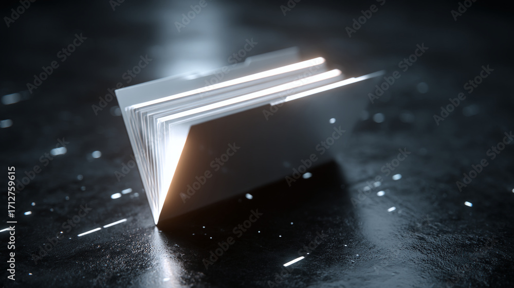 Poster illuminated folder with papers on a dark surface with light streaks around it