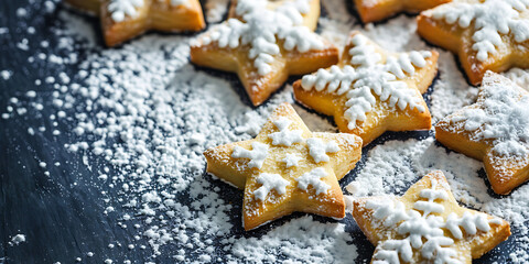 Festive star shaped cookies dusted with powdered sugar, perfect for holiday celebrations.