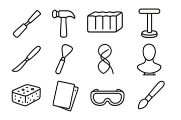 Sculpture Tools Icons. Line style icons of sculpture tools: chisel icon, hammer for carving, clay block, sculpting stand, carving