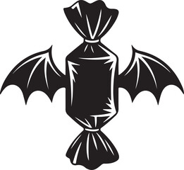 Black silhouette of wrapped candy with bat wings, white background.