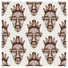 A seamless ethnic pattern featuring stylized tribal masks with bold geometric details on a light beige background. This design captures a hand-crafted, cultural aesthetic, perfect for textile design.