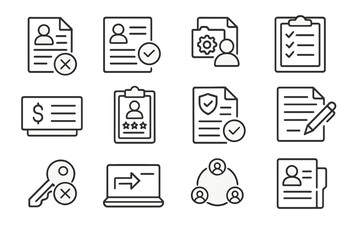 Line Style Offboarding Icons. Line style icons of exit and offboarding: resignation letter, exit interview form, knowledge