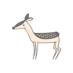 A charming and cute illustration of a baby deer or fawn with spots, presented in a minimalist, Scandinavian art style on a clean white background