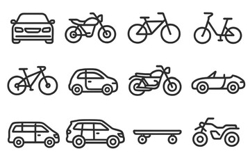 Vehicle Icons Collection. Line style icons of personal vehicles: car front view, motorbike side view, bicycle icon, electric kick