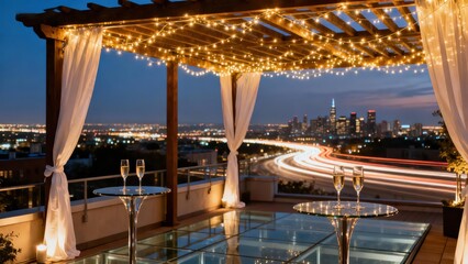 Fototapeta premium Elegant rooftop setting under a pergola at twilight, featuring a city skyline view and sparkling champagne.