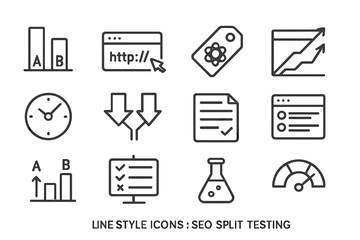 SEO Split Testing Icons. Line style icons of SEO split testing: A/B test bar, variant URL icon, experiment tag, split testing
