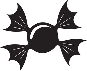 Black silhouette of wrapped candy with bat wings, white background.