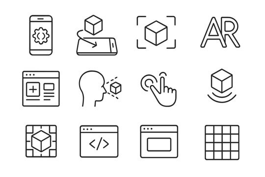 AR Tools Icons. Line style icons of AR tools and development: AR SDK icon, 3D object placement, marker scanning tool, AR engine