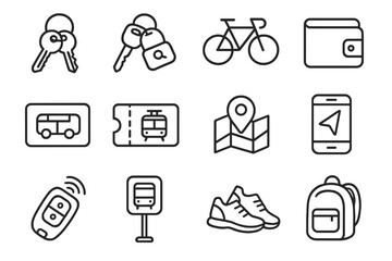 Transport Icons Set. Line style icons of transportation essentials: house keys, car keys, bicycle icon, wallet icon, transport