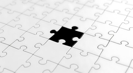 A close-up reveals a mostly complete white jigsaw puzzle, with a single, central black piece missing, creating a stark contrast and highlighting the incompleteness