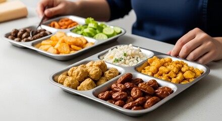 Person enjoying a variety of snacks on metal trays at a table  