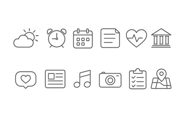 Smartphone App Icons. Line style icons of smartphone daily apps: weather app icon, alarm clock app, calendar app, notes app,