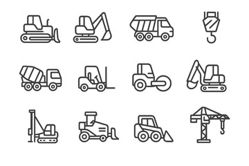 Construction Equipment Icons. Line style icons of heavy construction equipment: bulldozer icon, excavator icon, dump truck, crane