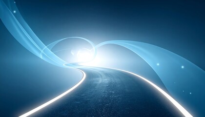 Road Leading to Bright Light with Abstract Blue Curves Design