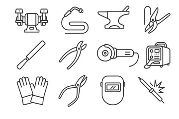 Metalworking Tool Icons. Line style icons of metalworking tools: bench grinder, welding torch, anvil icon, metal file, sheet metal